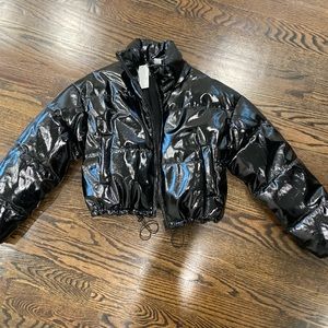 H&M XS CROP COAT METALLIC BLACK